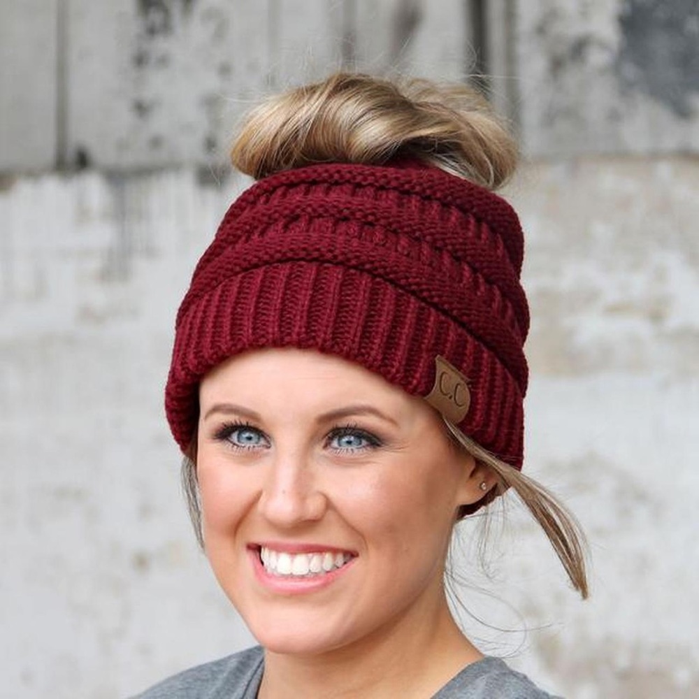 Burgundy CC Messy Bun Beanie